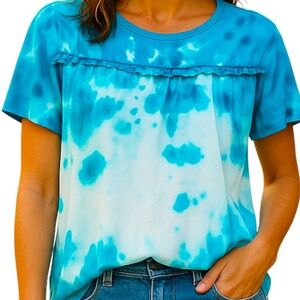 Handmade Blue & White Tie Dyed Short Sleeve T-Shirt Braided Accent Womens SZ M